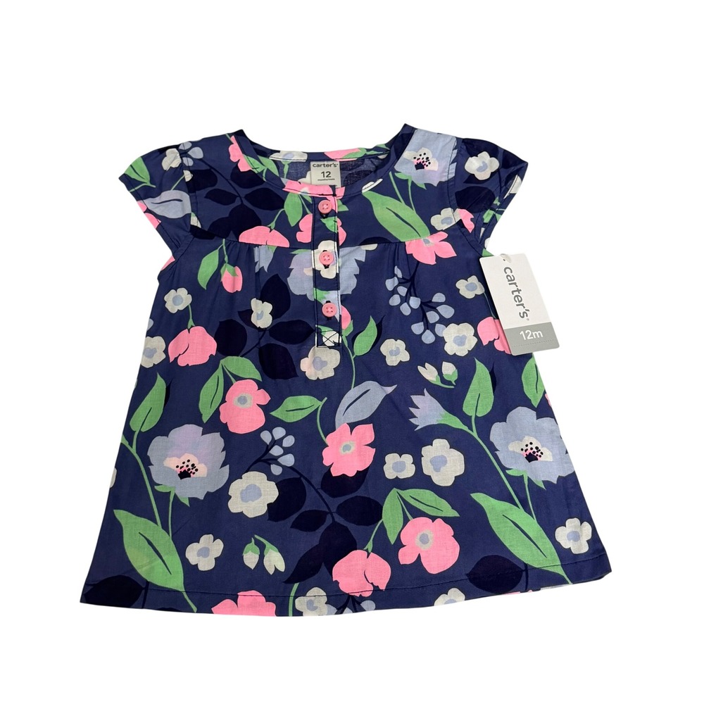 Carters Baby Girl 12M Navy Blue Floral Cotton Cap Sleeve Tunic Top Cottagecore